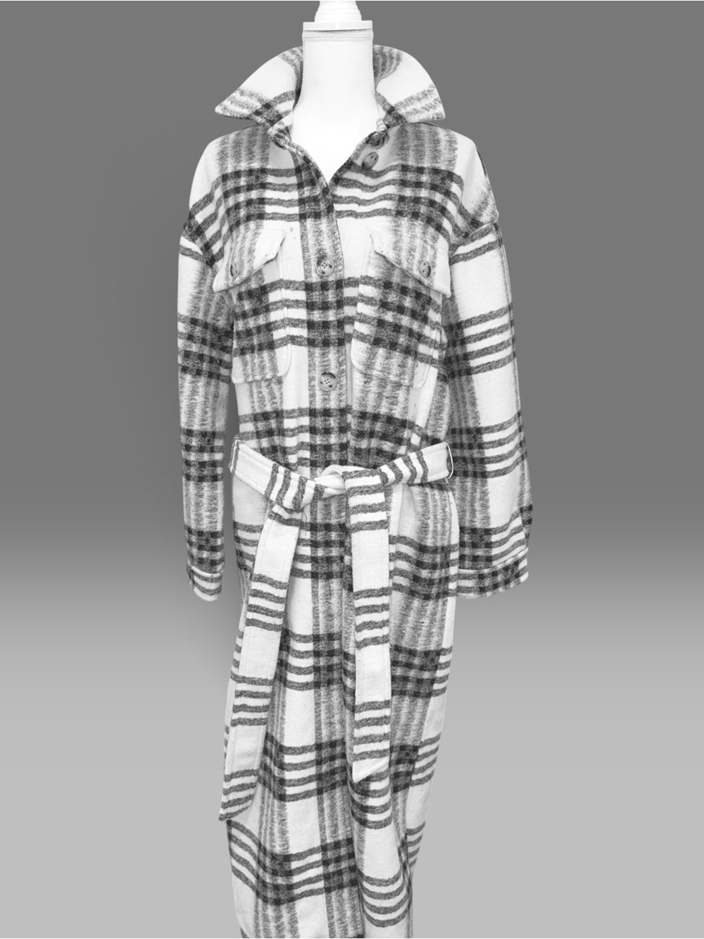 Express Full Length Wool Belted Trench Coat with a plaid pattern in black, cream